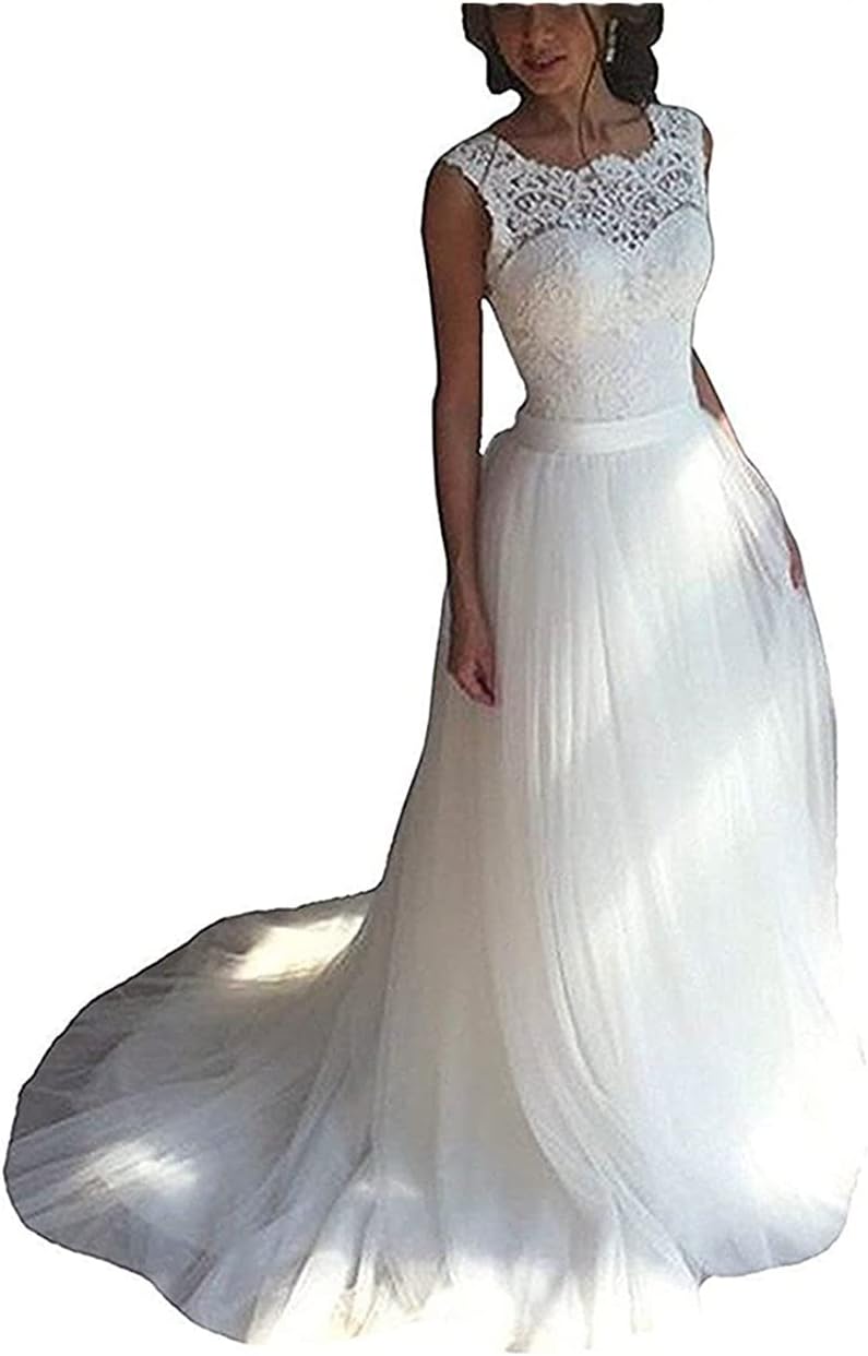 SOLOVEDRESS Size 12 Women's Elegant Lace Wedding Dress A Line Tulle Beach Bridal Gowns Cap Sleeves with Train